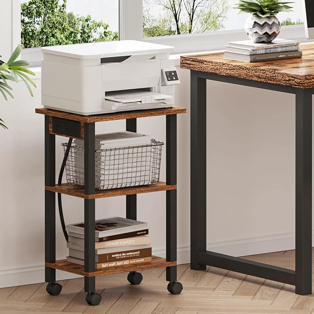Alt view image 5 of 7 - Printer Stand, 3 Tier Rolling Printer Cart with Charging Station Small Under Desk Printer Table with Wheels for Small Space, Office, Home, Brown PS02BB001