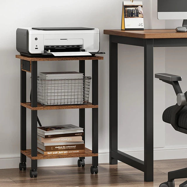 Alt view image 3 of 7 - Printer Stand, 3 Tier Rolling Printer Cart with Charging Station Small Under Desk Printer Table with Wheels for Small Space, Office, Home, Brown PS02BB001