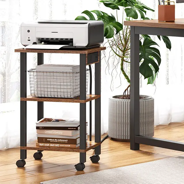 Alt view image 7 of 7 - Printer Stand, 3 Tier Rolling Printer Cart with Charging Station Small Under Desk Printer Table with Wheels for Small Space, Office, Home, Brown PS02BB001