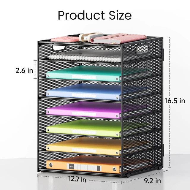 Alt view image 2 of 7 - 2 Pack 8-Tier Office Desk File Organizer, Letter Tray Paper Organizer with Handle, Including 5 Adjustable Slide Trays for Organizing Desktop Workspace Accessories and Supplies (Black Mesh)