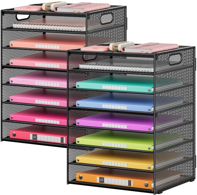 Main image of 2 Pack 8-Tier Office Desk File Organizer, Letter Tray Paper Organizer with Handle, Including 5 Adjustable Slide Trays for Organizing Desktop Workspace Accessories and Supplies (Black Mesh)