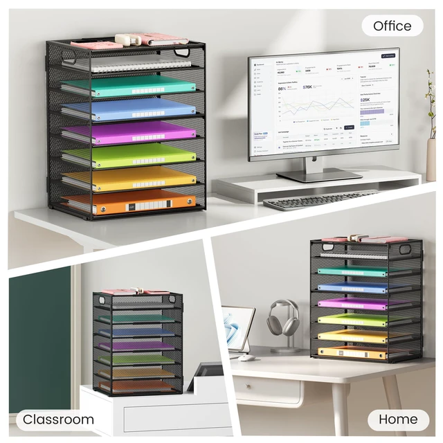 Alt view image 7 of 7 - 2 Pack 8-Tier Office Desk File Organizer, Letter Tray Paper Organizer with Handle, Including 5 Adjustable Slide Trays for Organizing Desktop Workspace Accessories and Supplies (Black Mesh)