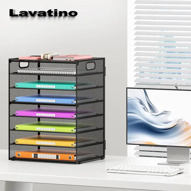 Alt view image 4 of 7 - 2 Pack 8-Tier Office Desk File Organizer, Letter Tray Paper Organizer with Handle, Including 5 Adjustable Slide Trays for Organizing Desktop Workspace Accessories and Supplies (Black Mesh)