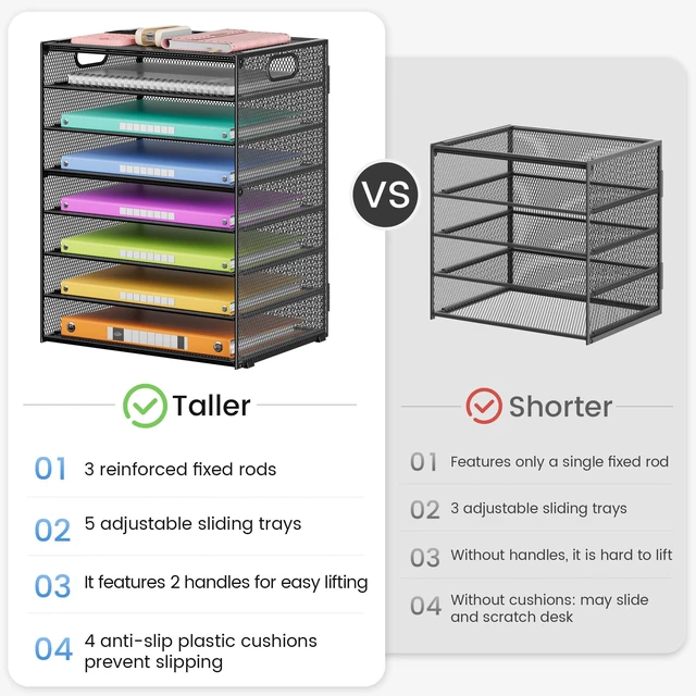 Alt view image 6 of 7 - 2 Pack 8-Tier Office Desk File Organizer, Letter Tray Paper Organizer with Handle, Including 5 Adjustable Slide Trays for Organizing Desktop Workspace Accessories and Supplies (Black Mesh)
