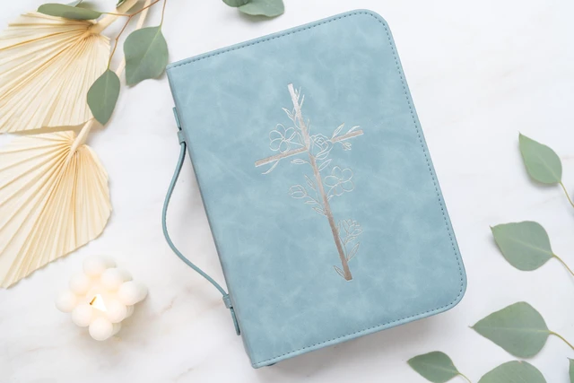 Alt view image 2 of 7 - Bible Cover Case for Women PU Leather Large Bible Case with Minimalist Debossed Design Christian Bible Accessories for Girls & Women (Blue)