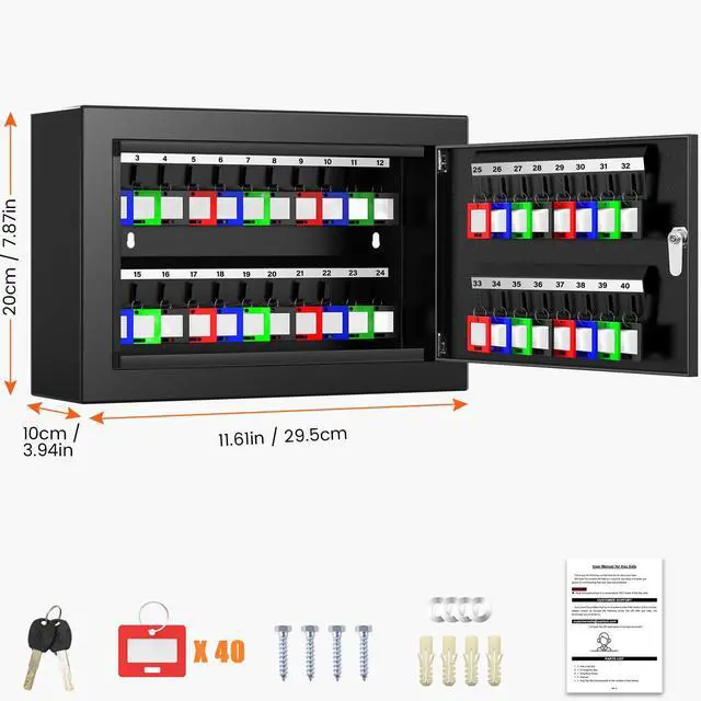 Alt view image 2 of 7 - 40 Keys Key Cabinet Anti-Theft Key Lock Box with Key Tags, Adjustable Key Organizer Wall Safe for Office House Rental Business