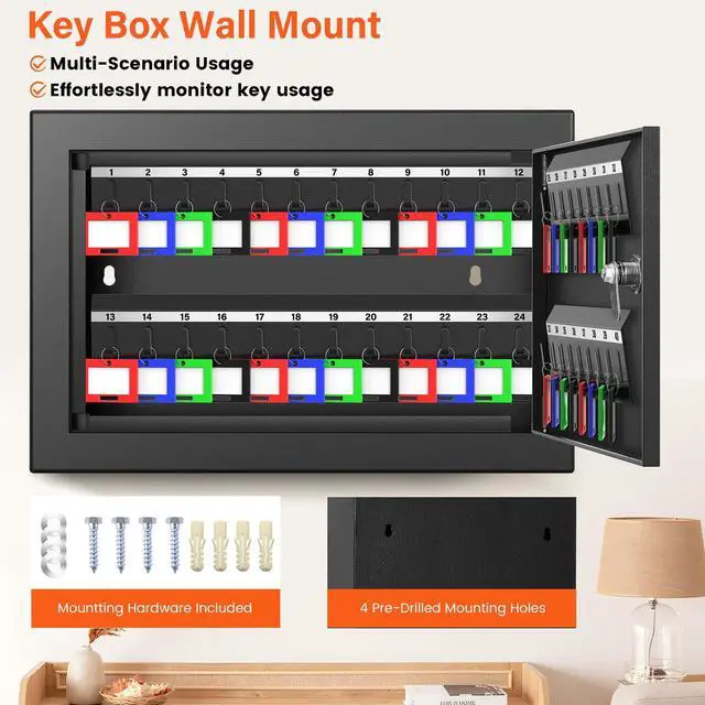 Alt view image 5 of 7 - 40 Keys Key Cabinet Anti-Theft Key Lock Box with Key Tags, Adjustable Key Organizer Wall Safe for Office House Rental Business