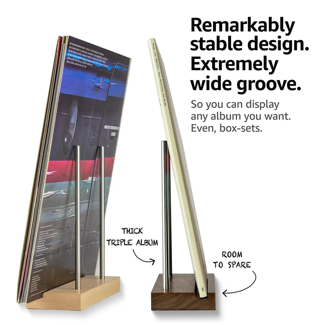 Alt view image 3 of 7 - Now Playing Vinyl Record Stand, Solid Walnut Display Holder Displays any album incl. double and triple gatefolds, solid walnut and steel, EVA non-slip base
