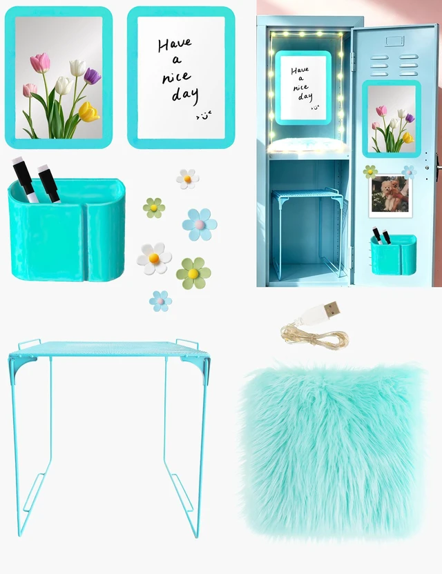 Main image of 14 Pcs Blue Locker Accessories Kit with Locker Shelf Locker Organizer for Girls, Magnetic Whiteboard Mirror Rug String Light Pen Holder Flower Magnets, Back to School Kit for Locker Decor Office