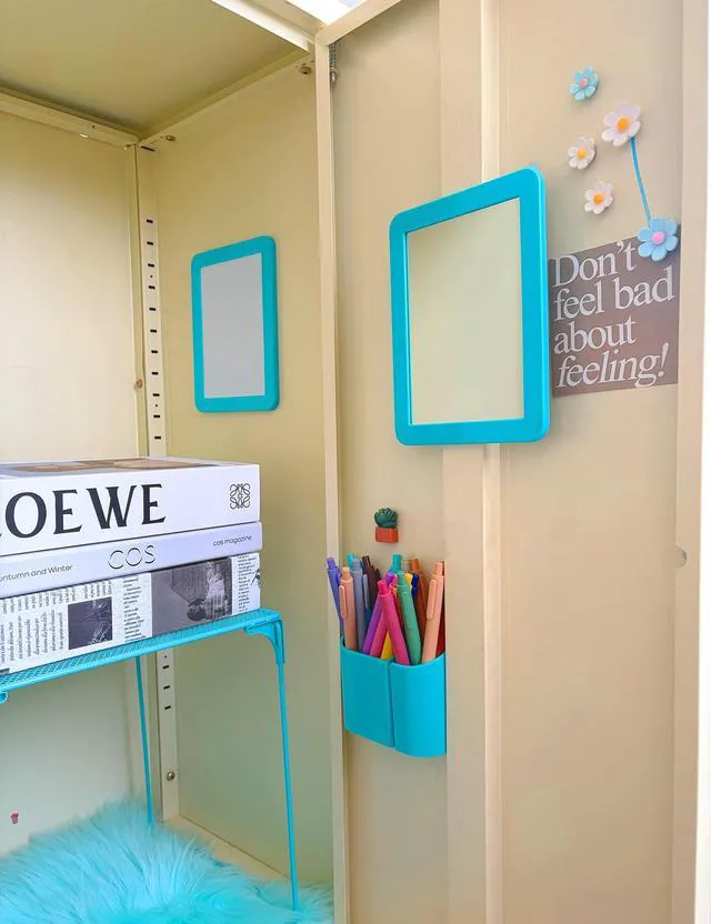 Alt view image 2 of 7 - 14 Pcs Blue Locker Accessories Kit with Locker Shelf Locker Organizer for Girls, Magnetic Whiteboard Mirror Rug String Light Pen Holder Flower Magnets, Back to School Kit for Locker Decor Office