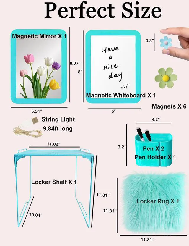 Alt view image 3 of 7 - 14 Pcs Blue Locker Accessories Kit with Locker Shelf Locker Organizer for Girls, Magnetic Whiteboard Mirror Rug String Light Pen Holder Flower Magnets, Back to School Kit for Locker Decor Office