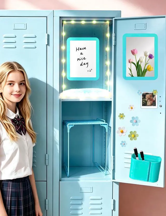Alt view image 4 of 7 - 14 Pcs Blue Locker Accessories Kit with Locker Shelf Locker Organizer for Girls, Magnetic Whiteboard Mirror Rug String Light Pen Holder Flower Magnets, Back to School Kit for Locker Decor Office