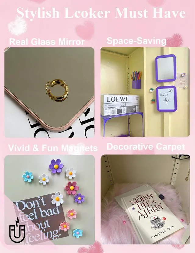 Alt view image 5 of 7 - 14 Pcs Purple Locker Accessories Kit with Locker Shelf Locker Organizer for Girls, Magnetic Whiteboard Mirror Rug String Light Pen Holder Flower Magnets, Back to School Kit for Locker Decor Office