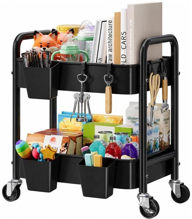 Main image of Small 2 Tier Rolling Storage Cart, Metal Under Table Short Shelf on Wheels Two Tier Under Desk Rolling Carts for Snack, Kitchen, Pantry Floor, Black Double Tier Trolley with Wheels for Laundry Room