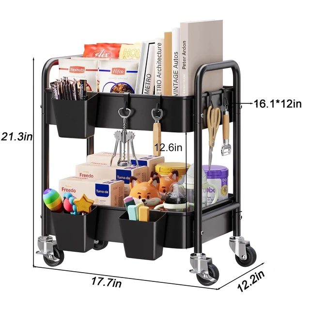 Alt view image 2 of 7 - Small 2 Tier Rolling Storage Cart, Metal Under Table Short Shelf on Wheels Two Tier Under Desk Rolling Carts for Snack, Kitchen, Pantry Floor, Black Double Tier Trolley with Wheels for Laundry Room