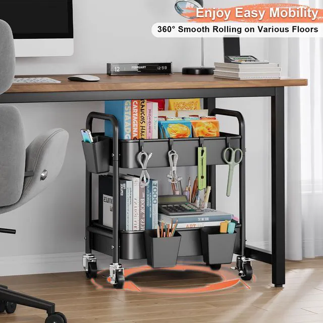 Alt view image 2 of 7 - 2 Tier Small Rolling Cart Metal with Wheels, Black Under Desk Storage Carts Short Utility Trolley Organizer on Wheels for Pantry, Kitchen, Office, Two Tiered Mobile Side Table, 22in Tall Roller Shelf