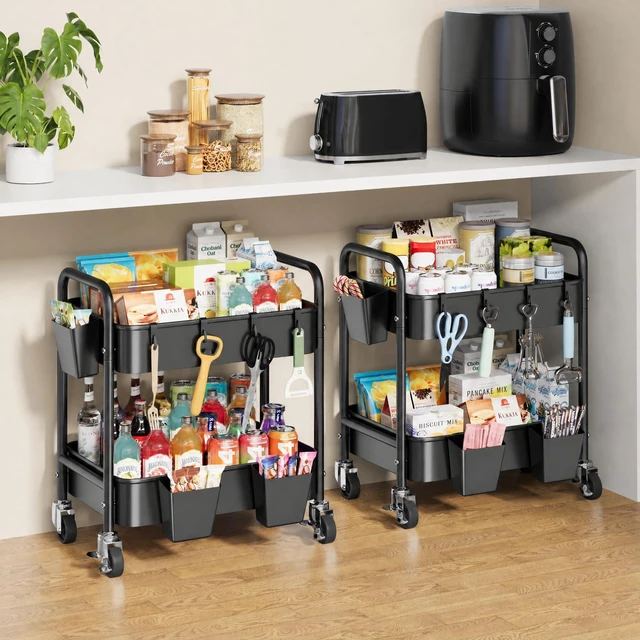 Alt view image 3 of 7 - Small 2 Tier Rolling Storage Cart, Metal Under Table Short Shelf on Wheels Two Tier Under Desk Rolling Carts for Snack, Kitchen, Pantry Floor, Black Double Tier Trolley with Wheels for Laundry Room