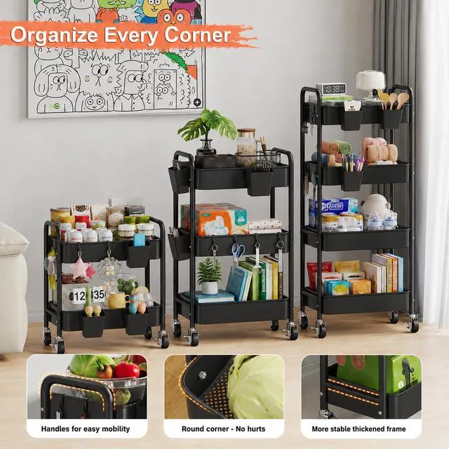 Alt view image 5 of 7 - Small 2 Tier Rolling Storage Cart, Metal Under Table Short Shelf on Wheels Two Tier Under Desk Rolling Carts for Snack, Kitchen, Pantry Floor, Black Double Tier Trolley with Wheels for Laundry Room