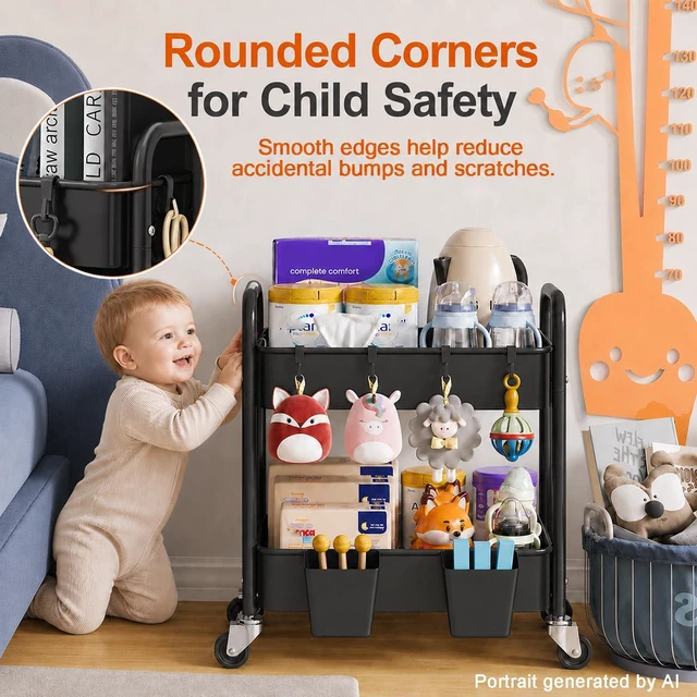 Alt view image 6 of 7 - Small 2 Tier Rolling Storage Cart, Metal Under Table Short Shelf on Wheels Two Tier Under Desk Rolling Carts for Snack, Kitchen, Pantry Floor, Black Double Tier Trolley with Wheels for Laundry Room