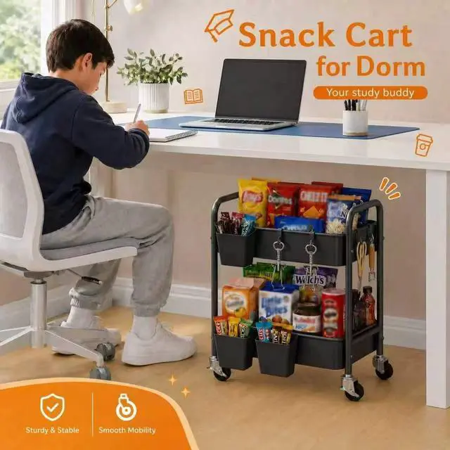 Alt view image 7 of 7 - Small 2 Tier Rolling Storage Cart, Metal Under Table Short Shelf on Wheels Two Tier Under Desk Rolling Carts for Snack, Kitchen, Pantry Floor, Black Double Tier Trolley with Wheels for Laundry Room