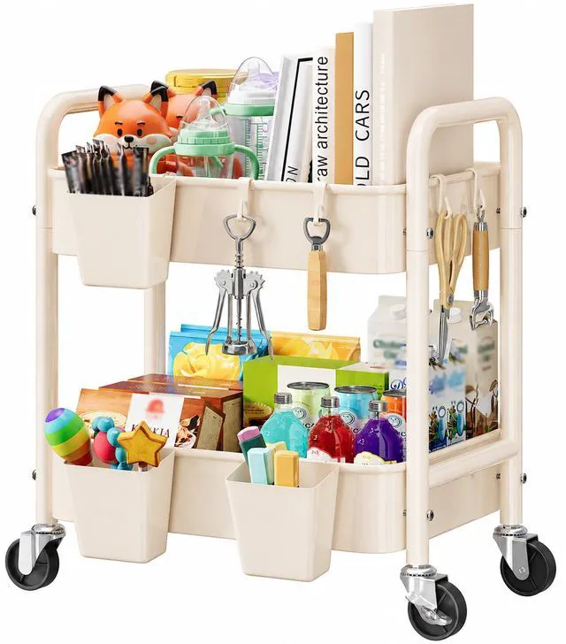 Main image of 2 Tier Metal Small Rolling Cart with Wheels for Under Table Storage, Khaki Utility Cart Organizer with Hooks, Cups, Under Desk Carts for Bathroom, Lash, Nail, Kitchen, Cleaning Supplies, Snack Carts