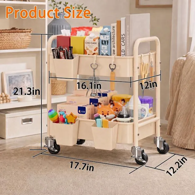 Alt view image 3 of 7 - 2 Tier Metal Small Rolling Cart with Wheels for Under Table Storage, Khaki Utility Cart Organizer with Hooks, Cups, Under Desk Carts for Bathroom, Lash, Nail, Kitchen, Cleaning Supplies, Snack Carts