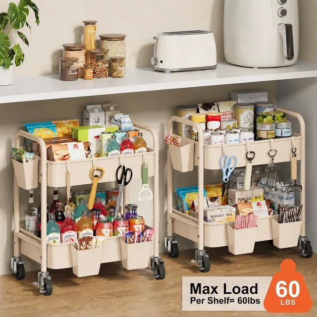 Alt view image 4 of 7 - 2 Tier Metal Small Rolling Cart with Wheels for Under Table Storage, Khaki Utility Cart Organizer with Hooks, Cups, Under Desk Carts for Bathroom, Lash, Nail, Kitchen, Cleaning Supplies, Snack Carts
