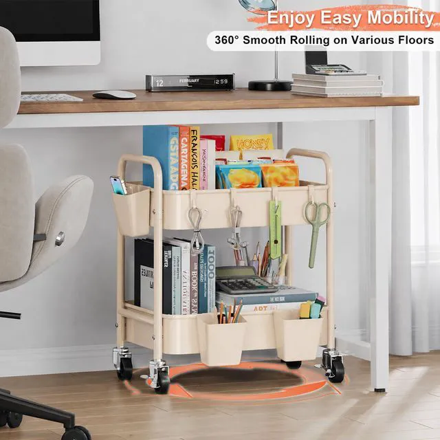 Alt view image 5 of 7 - 2 Tier Metal Small Rolling Cart with Wheels for Under Table Storage, Khaki Utility Cart Organizer with Hooks, Cups, Under Desk Carts for Bathroom, Lash, Nail, Kitchen, Cleaning Supplies, Snack Carts
