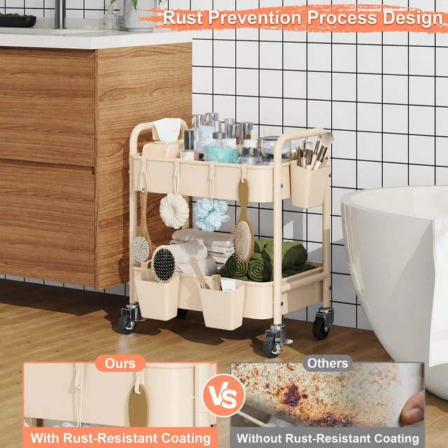 Alt view image 6 of 7 - 2 Tier Metal Small Rolling Cart with Wheels for Under Table Storage, Khaki Utility Cart Organizer with Hooks, Cups, Under Desk Carts for Bathroom, Lash, Nail, Kitchen, Cleaning Supplies, Snack Carts