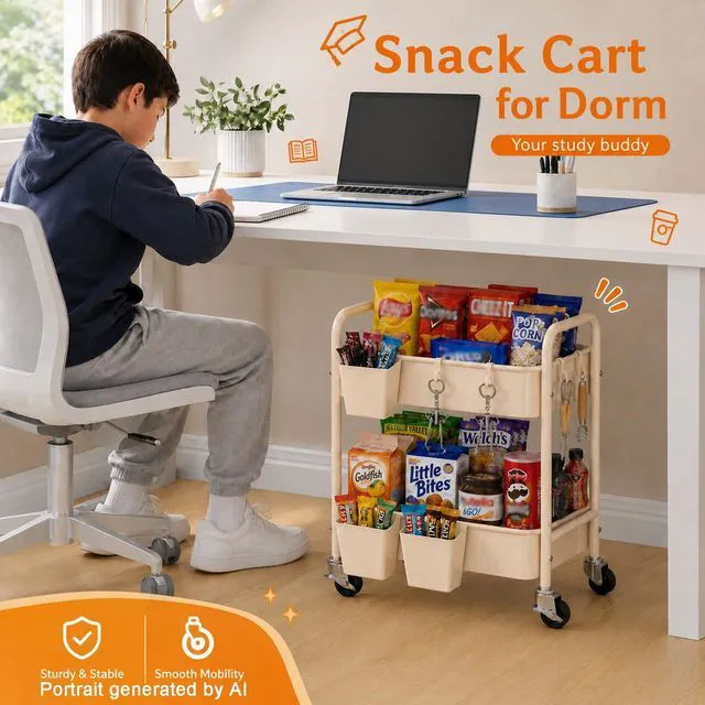 Alt view image 7 of 7 - 2 Tier Metal Small Rolling Cart with Wheels for Under Table Storage, Khaki Utility Cart Organizer with Hooks, Cups, Under Desk Carts for Bathroom, Lash, Nail, Kitchen, Cleaning Supplies, Snack Carts