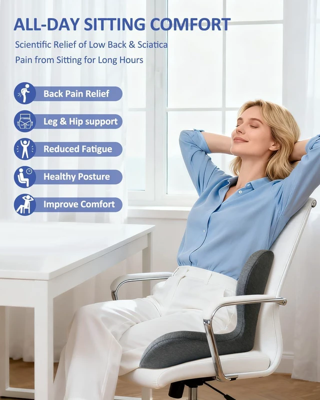 Alt view image 2 of 7 - Seat Cushion with Back Support,Lumbar Support Pillow for Office Chair,X Large Memory Foam Chair Cushions for Sciatica Tailbone Pain Relief Coccyx Pad for Wheelchair, Car, Home, Office, Desk