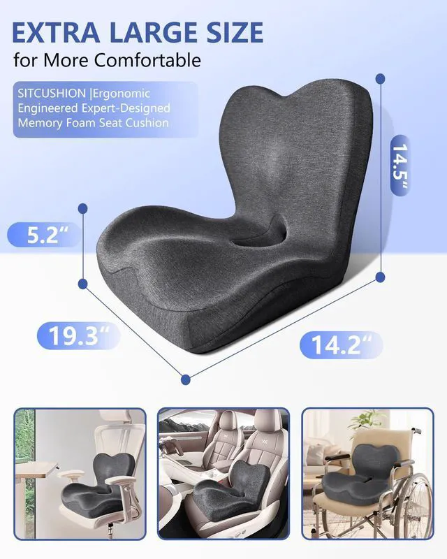 Alt view image 6 of 7 - Seat Cushion with Back Support,Lumbar Support Pillow for Office Chair,X Large Memory Foam Chair Cushions for Sciatica Tailbone Pain Relief Coccyx Pad for Wheelchair, Car, Home, Office, Desk