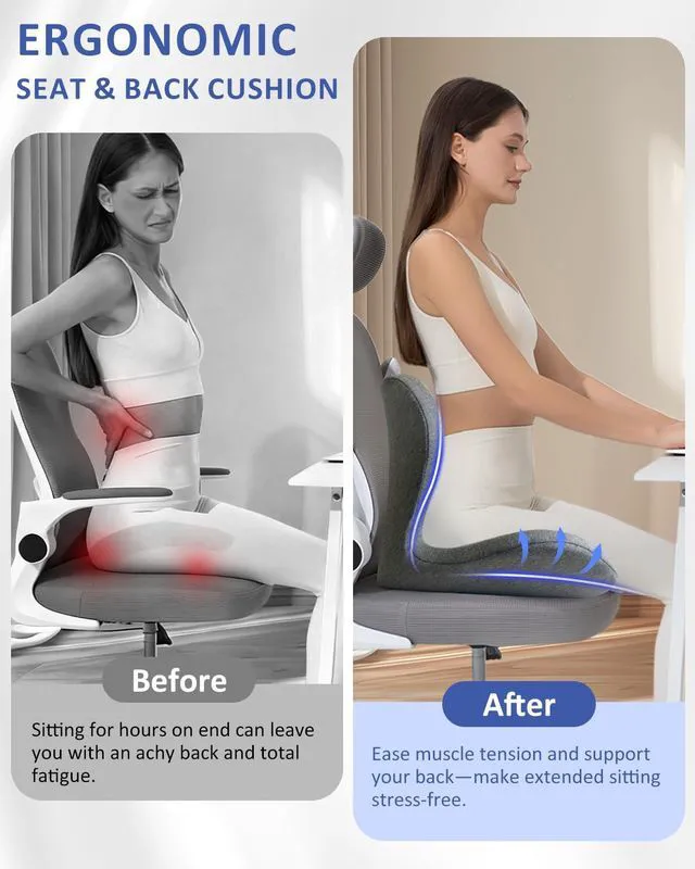 Alt view image 7 of 7 - Seat Cushion with Back Support,Lumbar Support Pillow for Office Chair,X Large Memory Foam Chair Cushions for Sciatica Tailbone Pain Relief Coccyx Pad for Wheelchair, Car, Home, Office, Desk