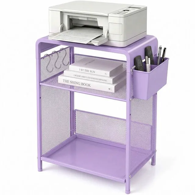 Main image of Small 3 Tier Printer Stand for Under Desk, Height Adjustable Shelf Printer Table with 3 S-Hooks & Basket, Heavy Duty Industrial Storage Shelf for Home Office (Purple)
