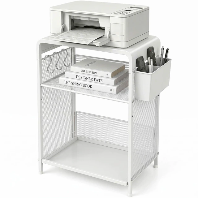 Main image of Small 3 Tier Printer Stand for Under Desk, Height Adjustable Shelf Printer Table with 3 S-Hooks & Basket, Heavy Duty Industrial Storage Shelf for Home Office (White)