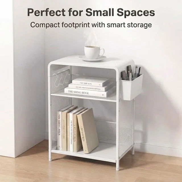 Alt view image 2 of 7 - Small 3 Tier Printer Stand for Under Desk, Height Adjustable Shelf Printer Table with 3 S-Hooks & Basket, Heavy Duty Industrial Storage Shelf for Home Office (White)