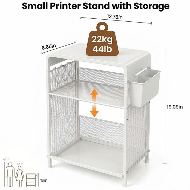 Alt view image 3 of 7 - Small 3 Tier Printer Stand for Under Desk, Height Adjustable Shelf Printer Table with 3 S-Hooks & Basket, Heavy Duty Industrial Storage Shelf for Home Office (White)