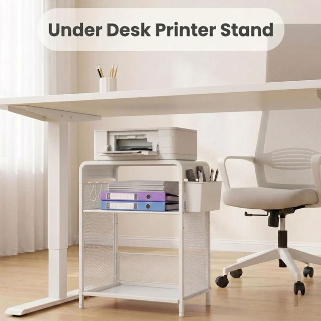 Alt view image 4 of 7 - Small 3 Tier Printer Stand for Under Desk, Height Adjustable Shelf Printer Table with 3 S-Hooks & Basket, Heavy Duty Industrial Storage Shelf for Home Office (White)