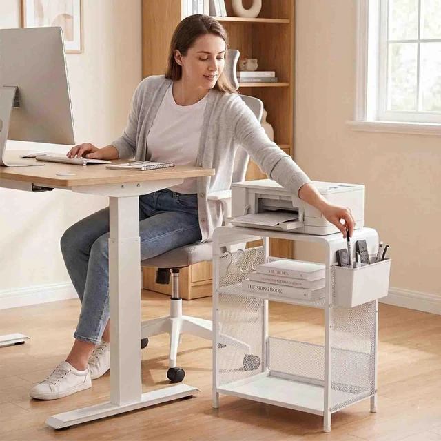 Alt view image 5 of 7 - Small 3 Tier Printer Stand for Under Desk, Height Adjustable Shelf Printer Table with 3 S-Hooks & Basket, Heavy Duty Industrial Storage Shelf for Home Office (White)
