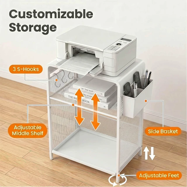 Alt view image 6 of 7 - Small 3 Tier Printer Stand for Under Desk, Height Adjustable Shelf Printer Table with 3 S-Hooks & Basket, Heavy Duty Industrial Storage Shelf for Home Office (White)