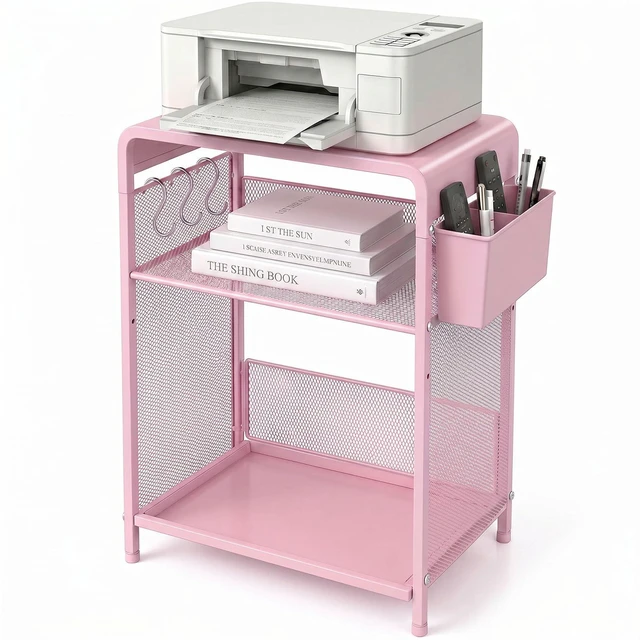 Main image of Small 3 Tier Printer Stand for Under Desk, Height Adjustable Shelf Printer Table with 3 S-Hooks & Basket, Heavy Duty Industrial Storage Shelf for Home Office (Pink)