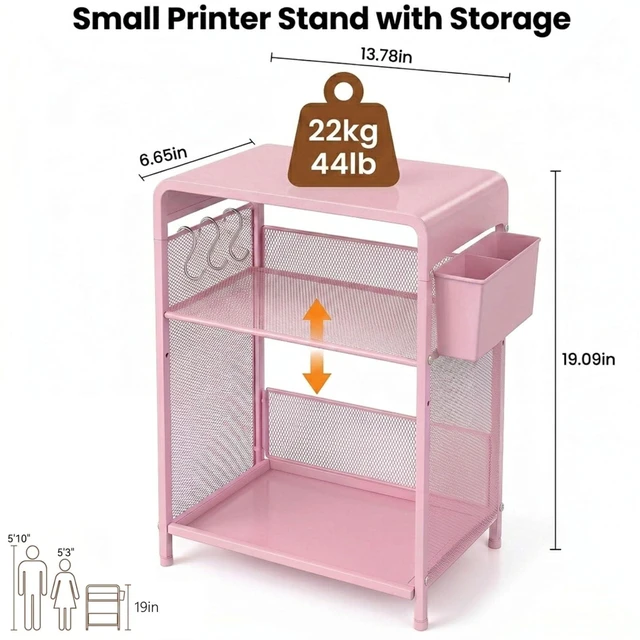 Alt view image 2 of 7 - Small 3 Tier Printer Stand for Under Desk, Height Adjustable Shelf Printer Table with 3 S-Hooks & Basket, Heavy Duty Industrial Storage Shelf for Home Office (Pink)