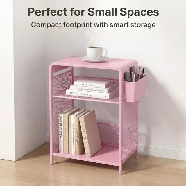 Alt view image 3 of 7 - Small 3 Tier Printer Stand for Under Desk, Height Adjustable Shelf Printer Table with 3 S-Hooks & Basket, Heavy Duty Industrial Storage Shelf for Home Office (Pink)