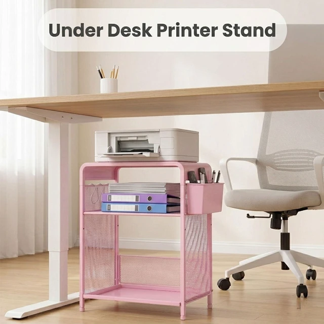 Alt view image 4 of 7 - Small 3 Tier Printer Stand for Under Desk, Height Adjustable Shelf Printer Table with 3 S-Hooks & Basket, Heavy Duty Industrial Storage Shelf for Home Office (Pink)