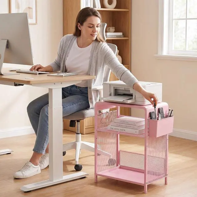 Alt view image 5 of 7 - Small 3 Tier Printer Stand for Under Desk, Height Adjustable Shelf Printer Table with 3 S-Hooks & Basket, Heavy Duty Industrial Storage Shelf for Home Office (Pink)