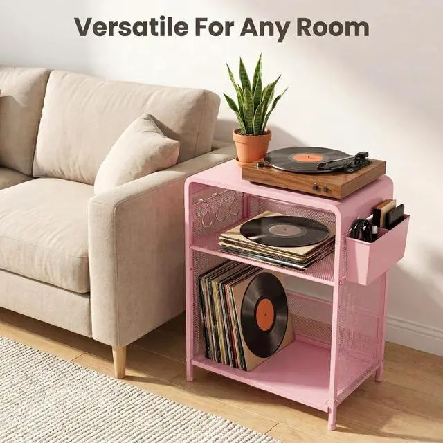 Alt view image 6 of 7 - Small 3 Tier Printer Stand for Under Desk, Height Adjustable Shelf Printer Table with 3 S-Hooks & Basket, Heavy Duty Industrial Storage Shelf for Home Office (Pink)