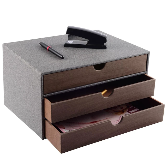 Alt view image 4 of 7 - Cloth-effect Faux Leather Desk Organizer File Cabinet Executive Office Supplies Desktop Filing A4 Contract Document Stackable Storage Box with 3 Drawers (Grey)