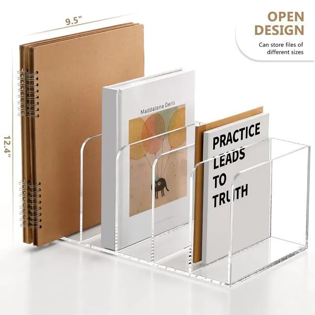 Alt view image 3 of 7 - Acrylic Magazine Holder Desk Organizer Workspace Sorters, Clear Bookend File Sorter Folder Rack For Home Office Accessories Organization Storage with 5 Vertical Compartments