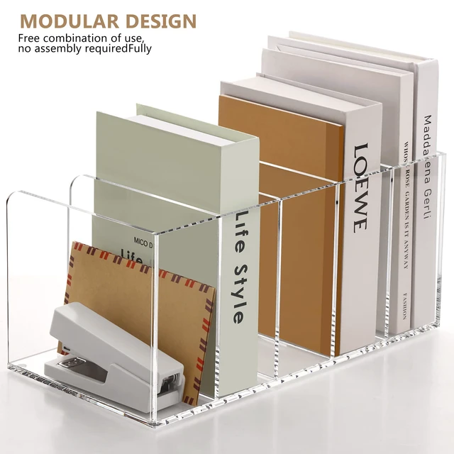 Alt view image 4 of 7 - Acrylic Magazine Holder Desk Organizer Workspace Sorters, Clear Bookend File Sorter Folder Rack For Home Office Accessories Organization Storage with 5 Vertical Compartments