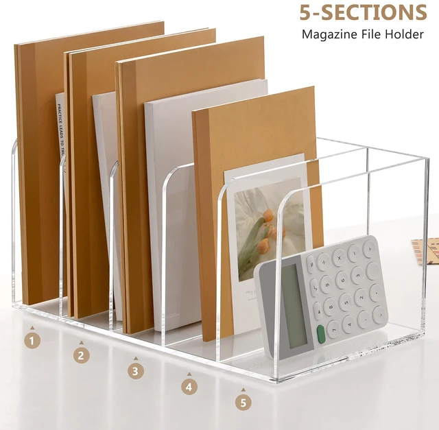 Alt view image 5 of 7 - Acrylic Magazine Holder Desk Organizer Workspace Sorters, Clear Bookend File Sorter Folder Rack For Home Office Accessories Organization Storage with 5 Vertical Compartments